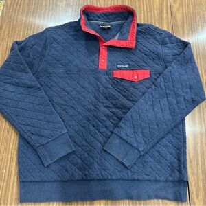 Patagonia Mens Sz L Navy Blue Red Organic Cotton Quilt Snap T Pullover Jacket
